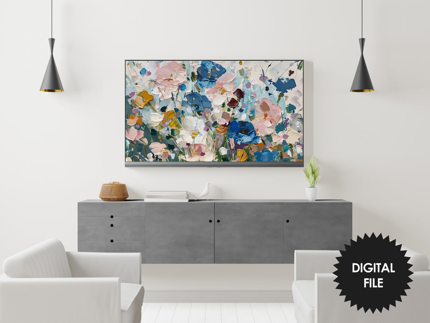 Samsung Frame TV Art, Flowers Impasto Abstract Art preview in modern living room