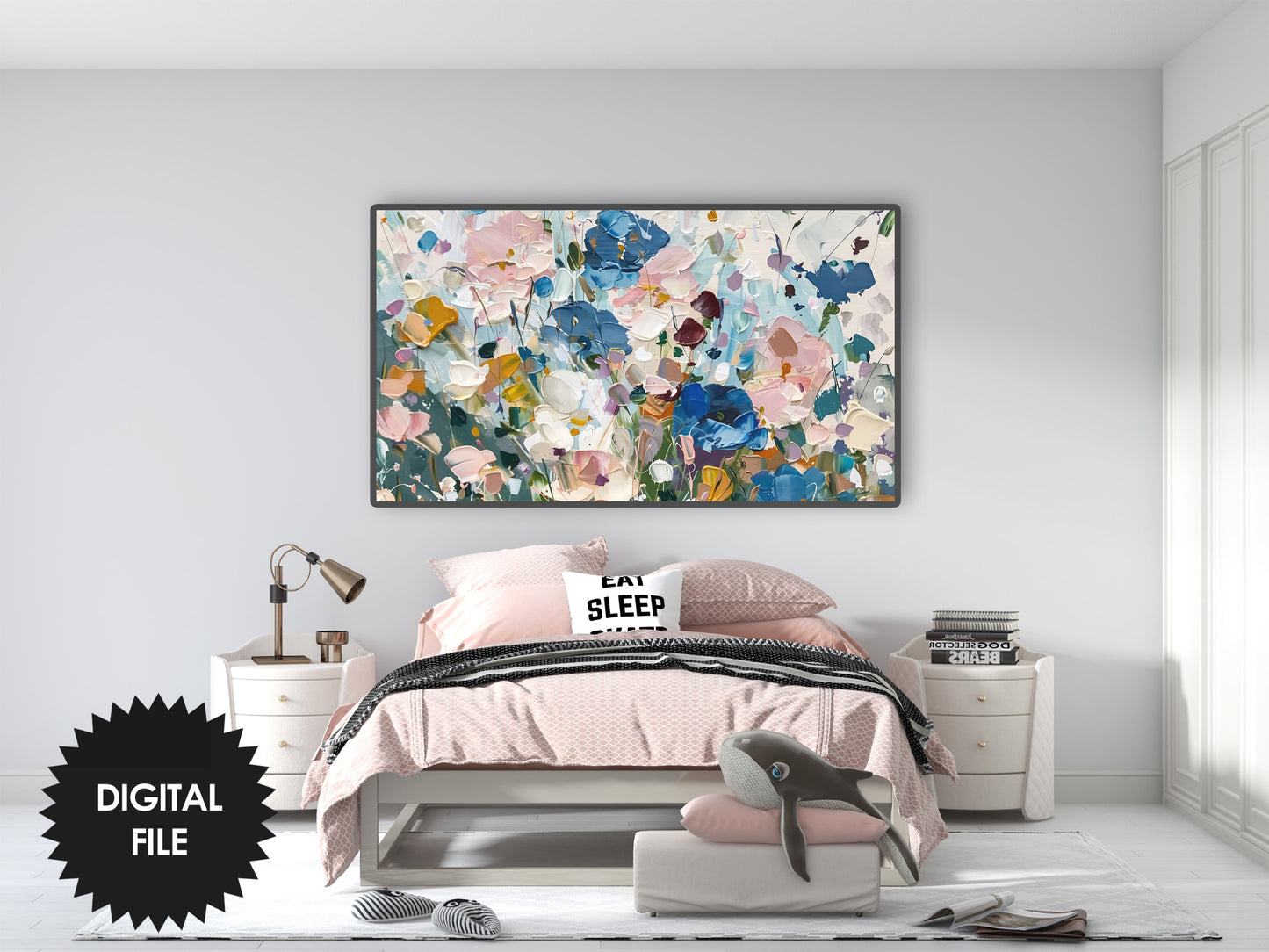 Samsung Frame TV Art, Flowers Impasto Abstract Art preview in modern bedroom