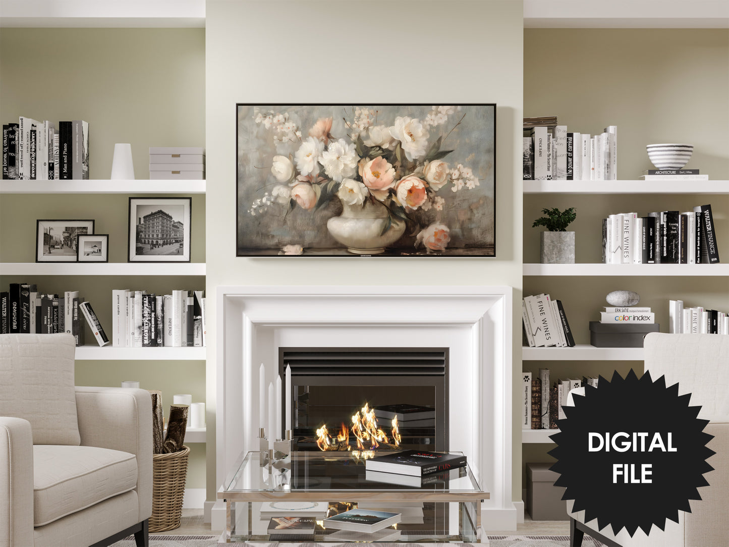 Frame TV Art, Flowers In Vase Vintage Art, Soft Colors Still Life Painting preview in modern living room