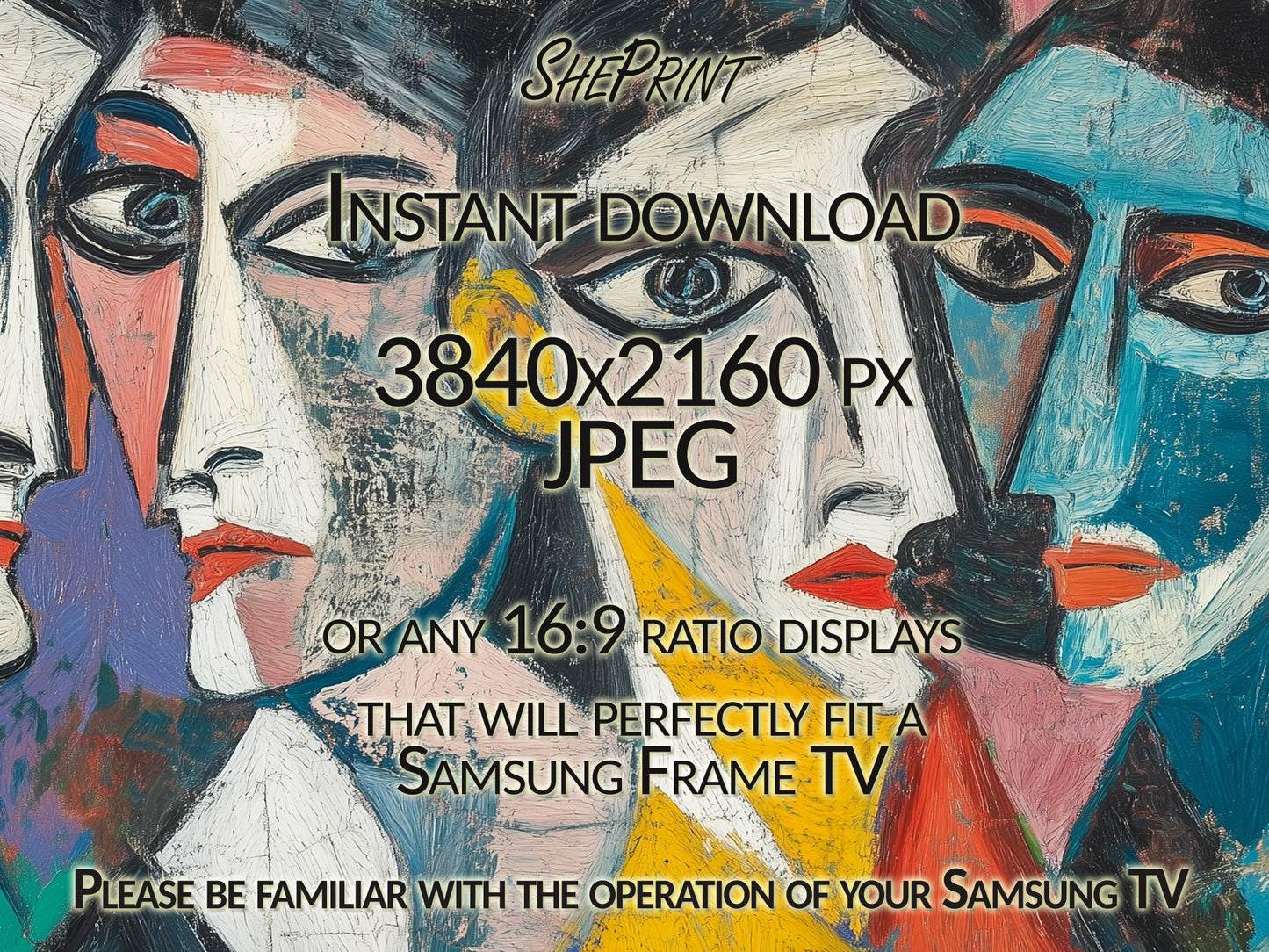 Frame TV Art, Fragmented Beauty Colorful Cubist Abstract Art close up view