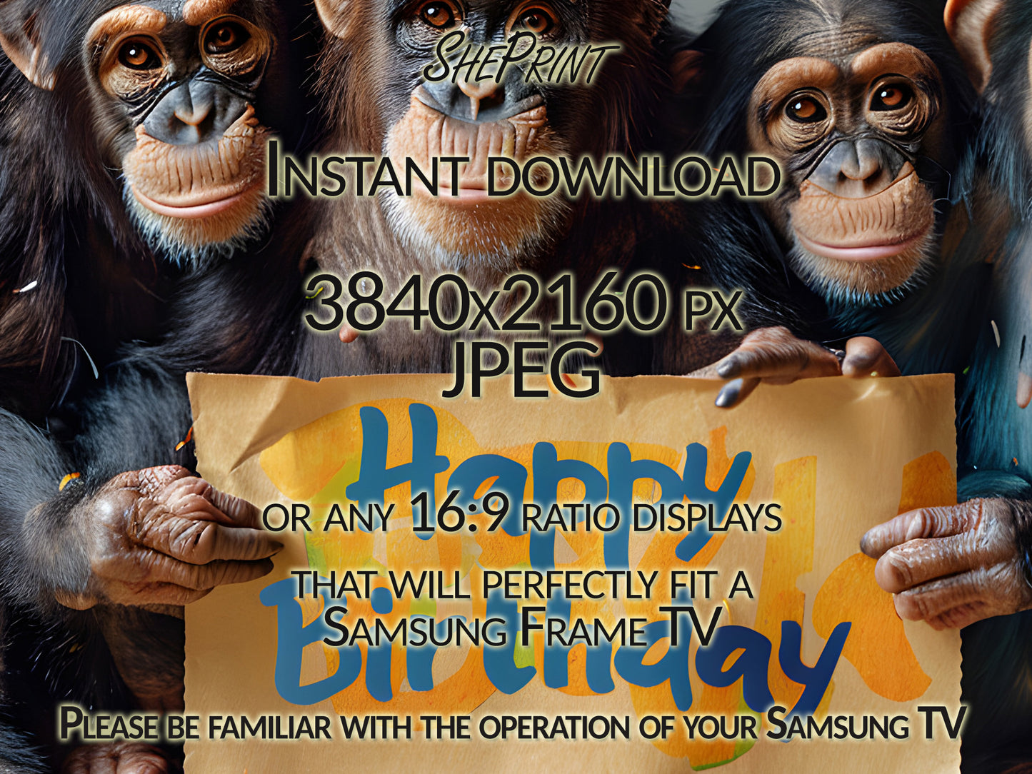 Funny Birthday Samsung Frame TV Art | Monkeys Holding Happy Birthday Sign close up look