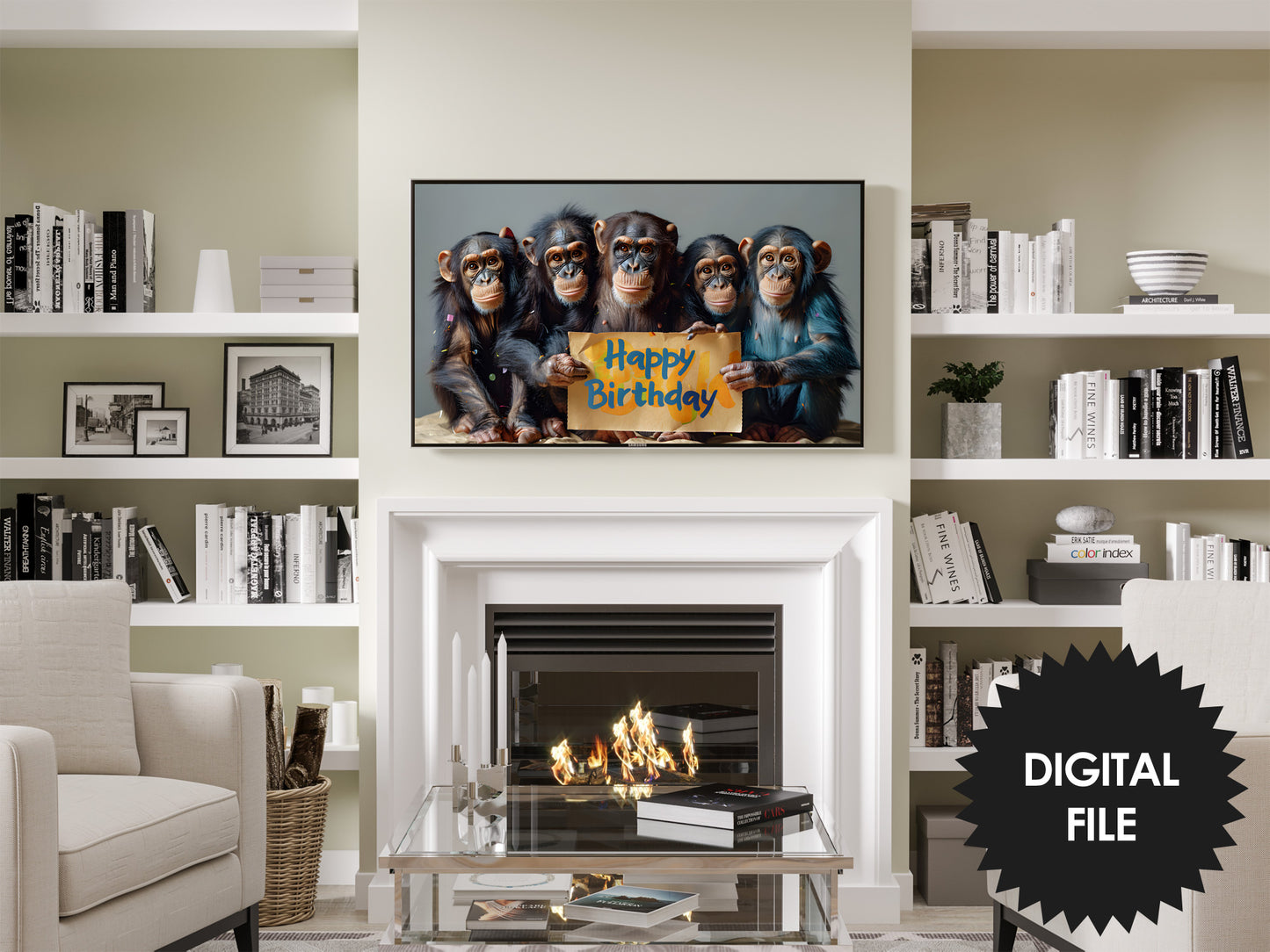 Funny Birthday Samsung Frame TV Art | Monkeys Holding Happy Birthday Sign preview in living room
