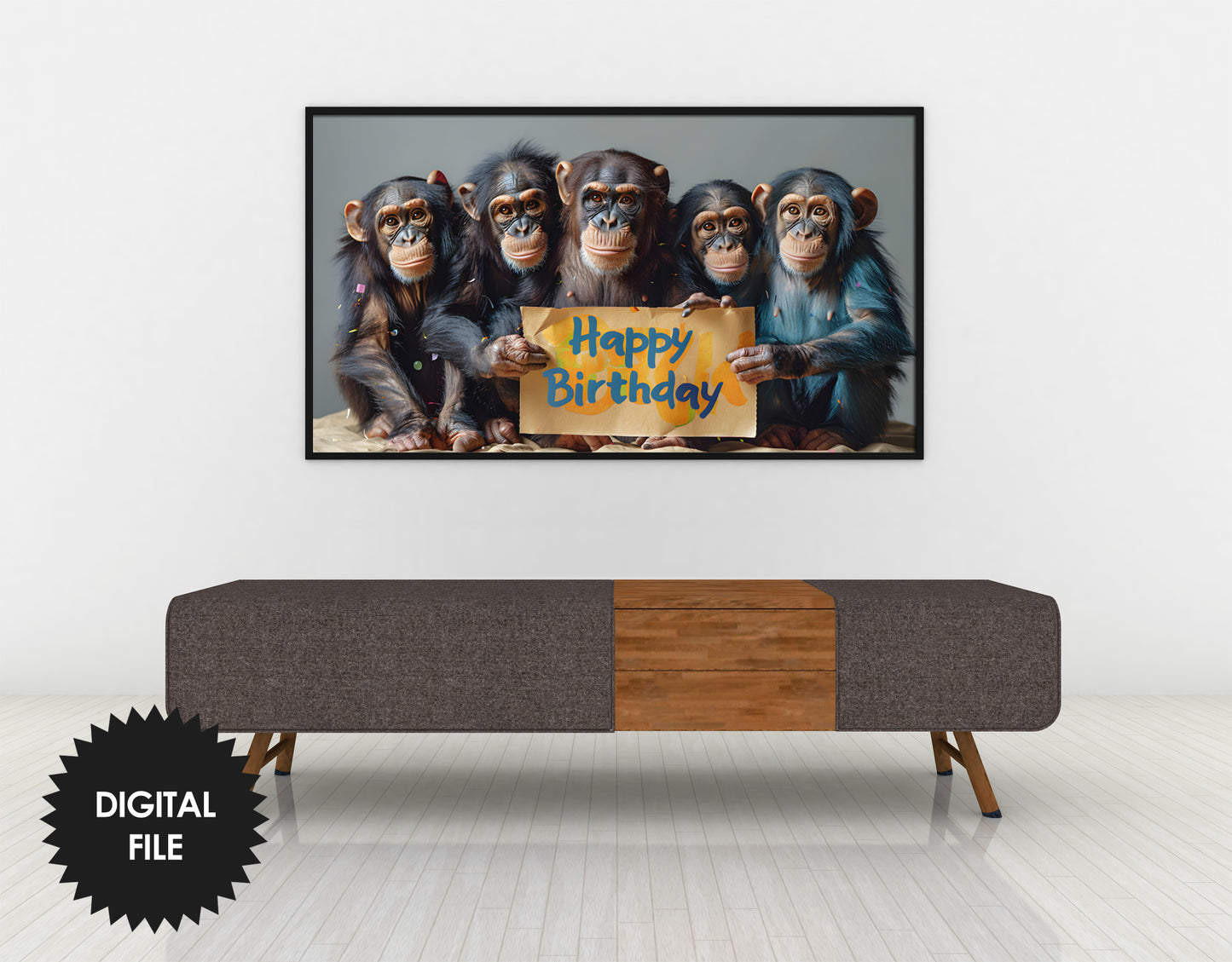 Funny Birthday Samsung Frame TV Art | Monkeys Holding Happy Birthday Sign closer look