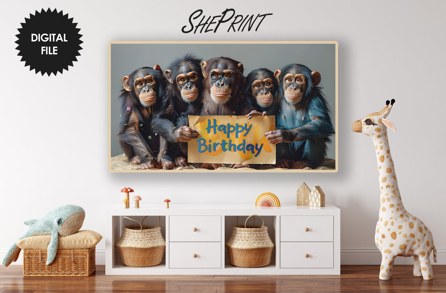 Funny Birthday Samsung Frame TV Art | Monkeys Holding Happy Birthday Sign preview in kids room