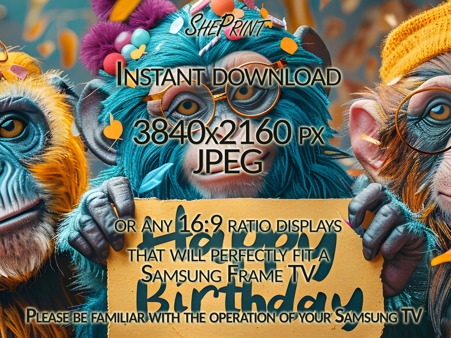 Funny Monkeys Birthday Frame TV Art close up view