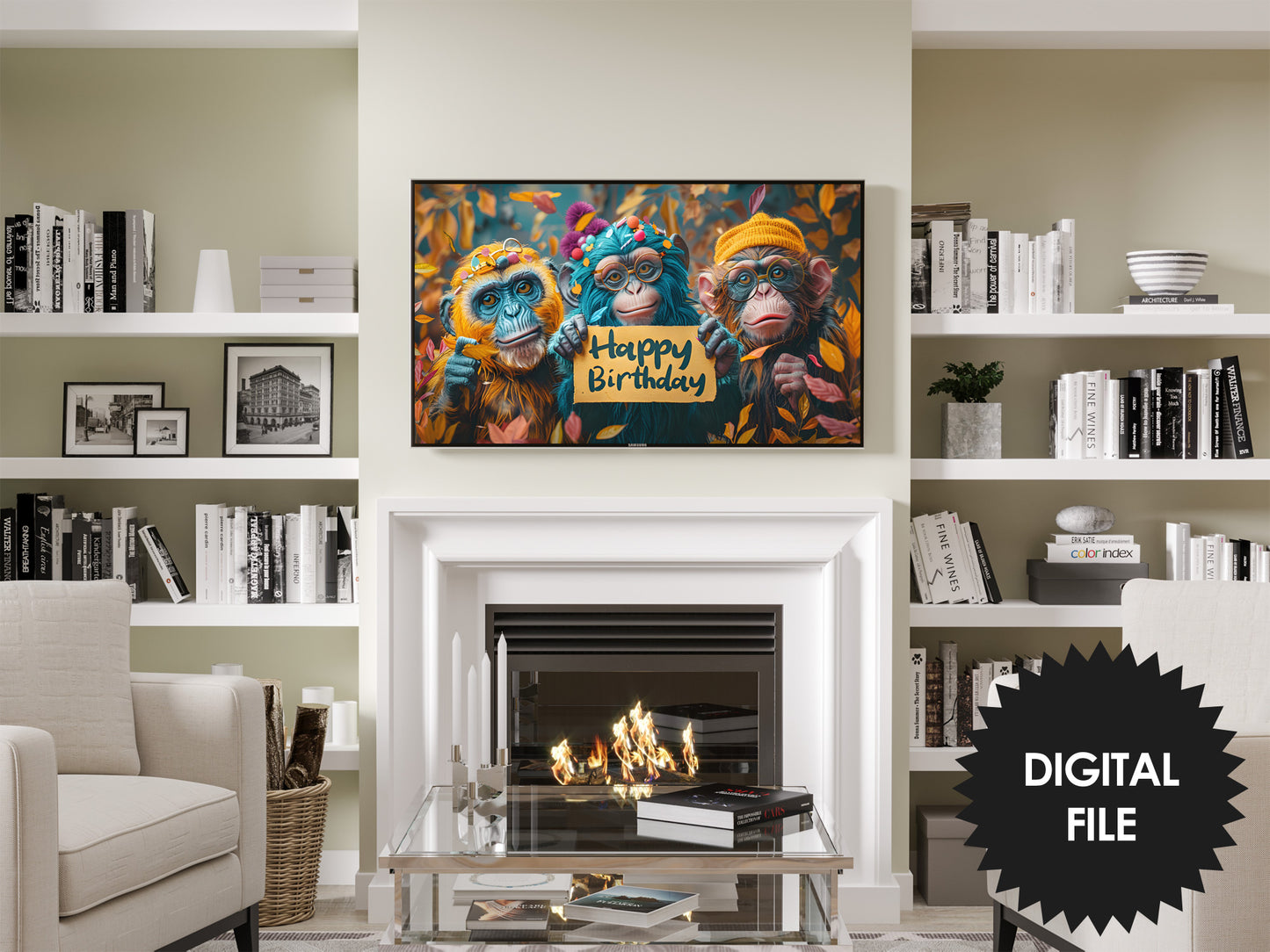 Funny Monkeys Birthday Frame TV Art preview in living room