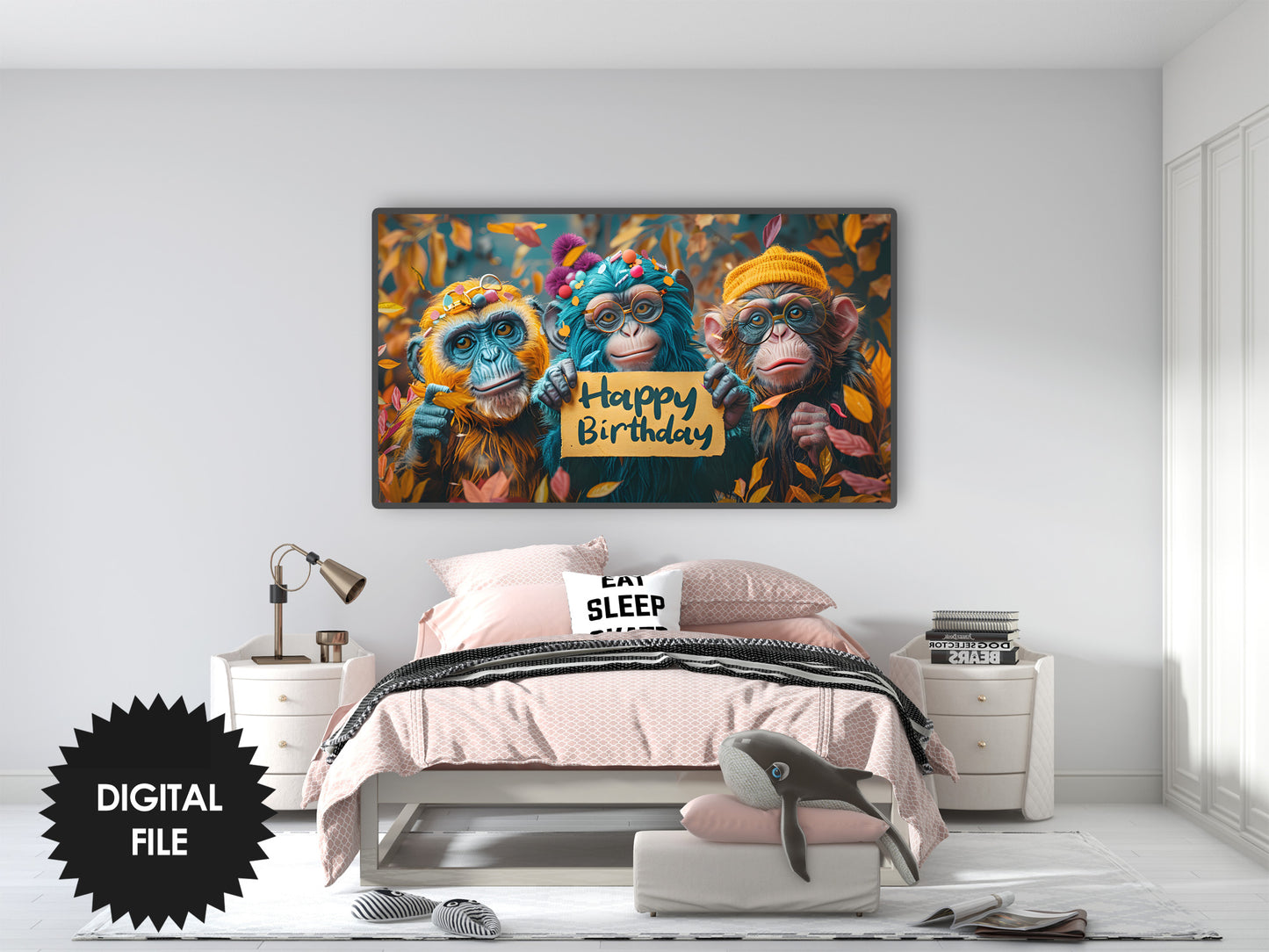 Funny Monkeys Birthday Frame TV Art preview in teen bedroom