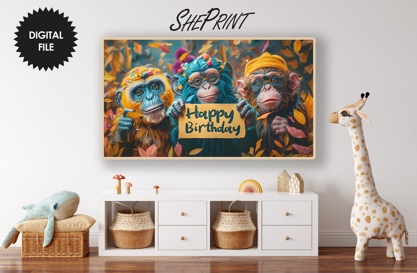 Funny Monkeys Birthday Frame TV Art preview in kids room