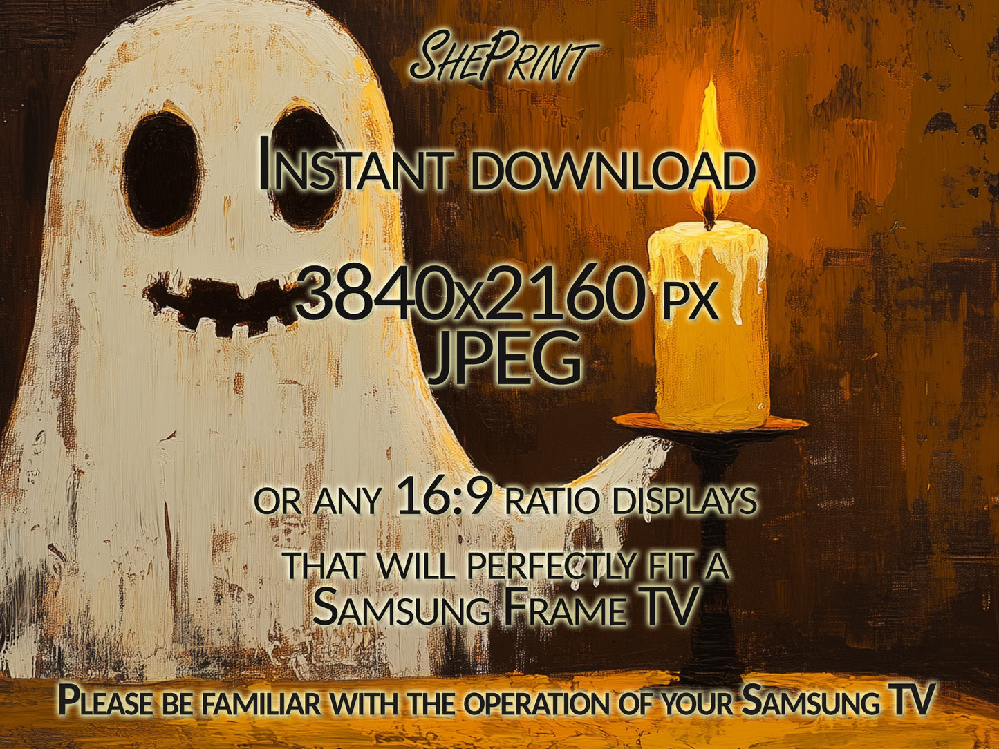 Frame TV Art Halloween | Cute Halloween TV Banner | Ghost With Candle close up view