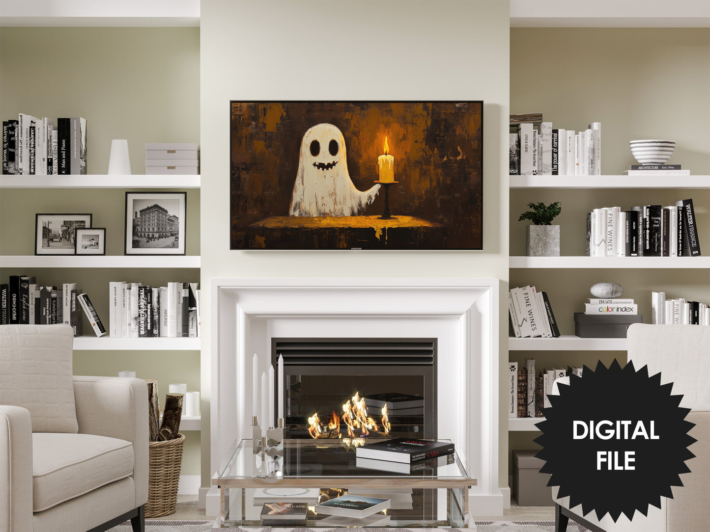 Frame TV Art Halloween | Cute Halloween TV Banner | Ghost With Candle preview in modern living room
