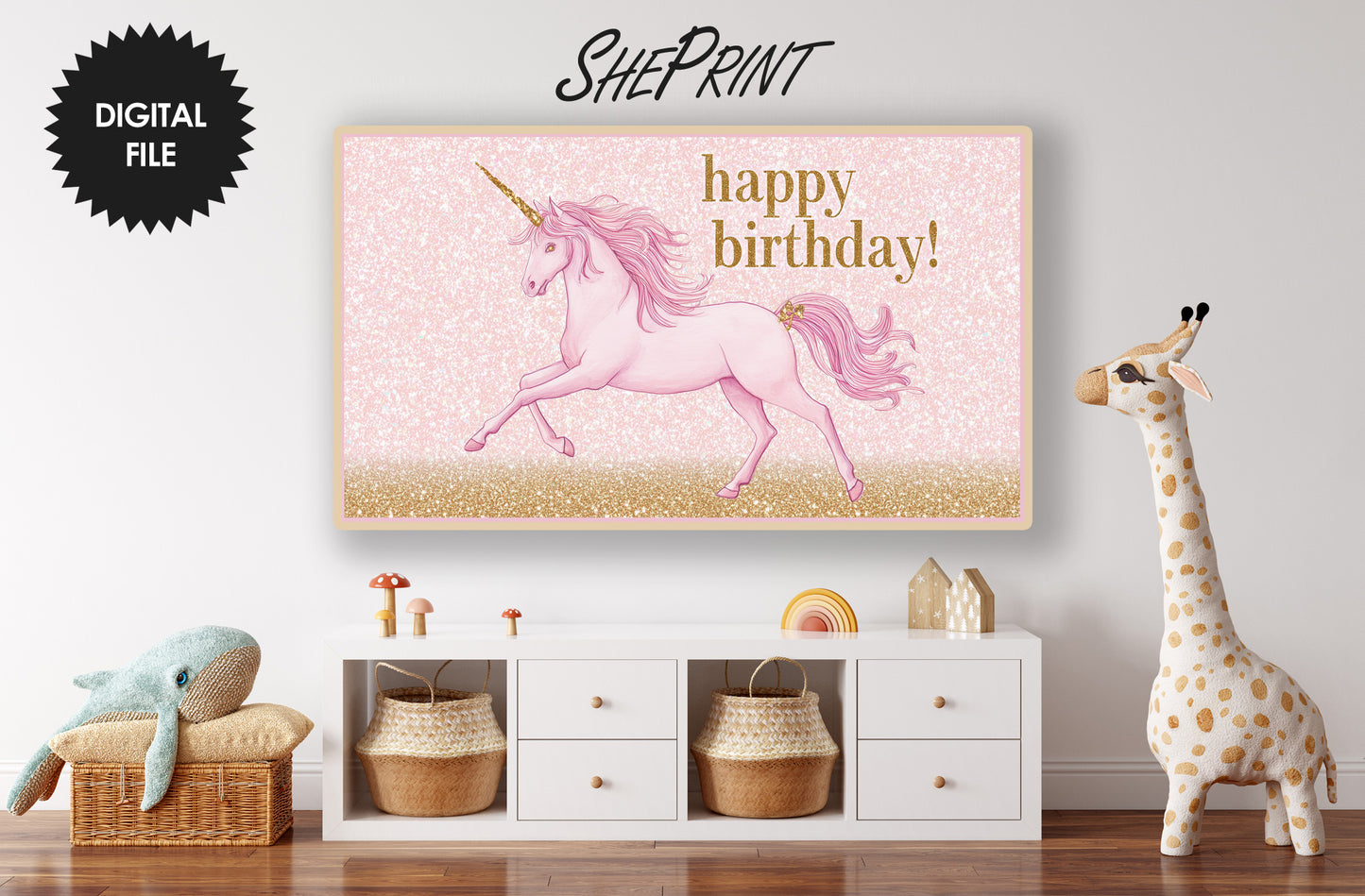 Birthday Frame TV Art For Kids | Happy Birthday Glitter Unicorn | Birthday Party Decor, preview in kids room