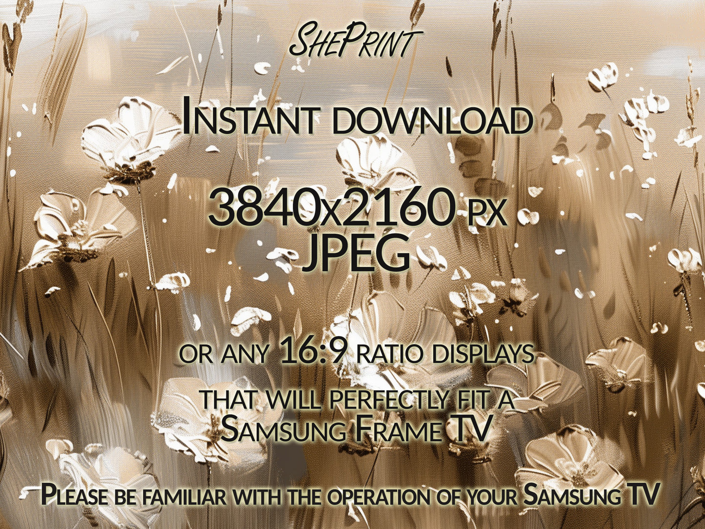 Golden Meadow Wildflower Fields Landscape Frame TV Art close up view