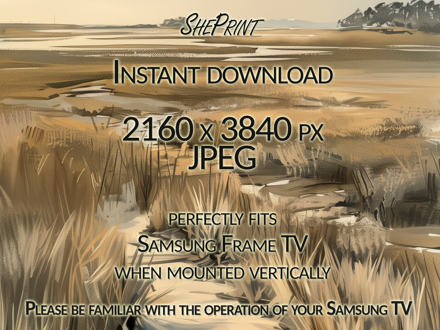 Samsung Vertical Frame TV Art, Golden Pathway – Tranquil Landscape Digital Painting close up view