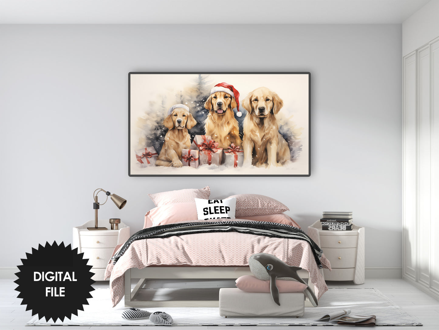 Christmas Frame TV Art Golden Retrievers Preview on Samsung Frame TV in kids bedroom