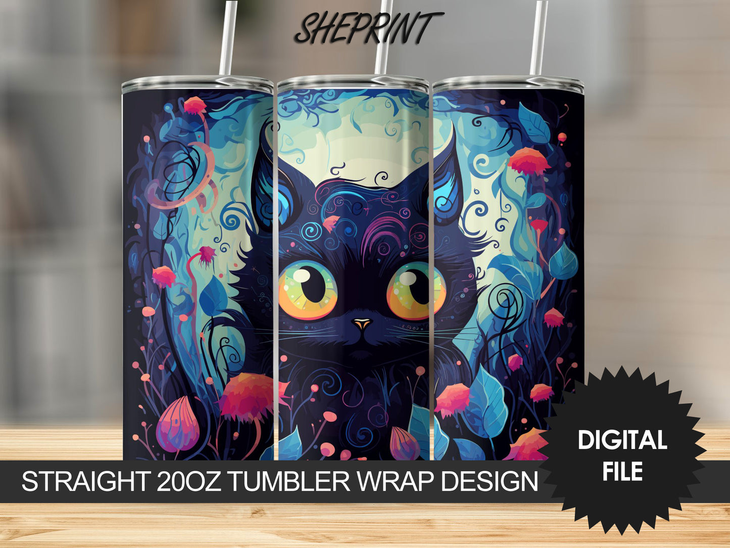 Cute Halloween Kitten 20oz Sublimation Tumbler Design, Straight and Tapered 9.2 x 8.3” Tumbler PNG, Digital Download
