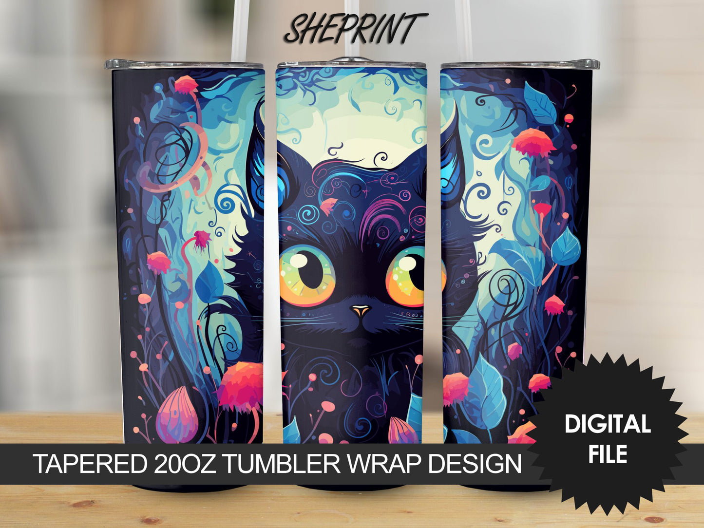 Cute Halloween Kitten 20oz Sublimation Tumbler Design, Straight and Tapered 9.2 x 8.3” Tumbler PNG, Digital Download