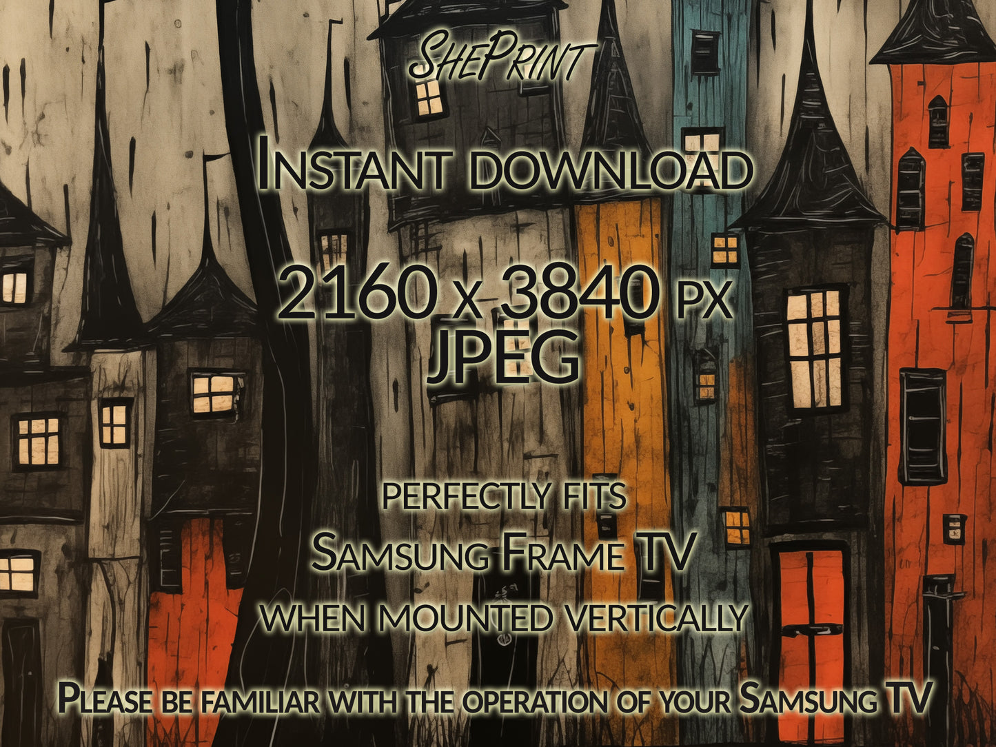 Vertical TV Art, Halloween Town, close up view