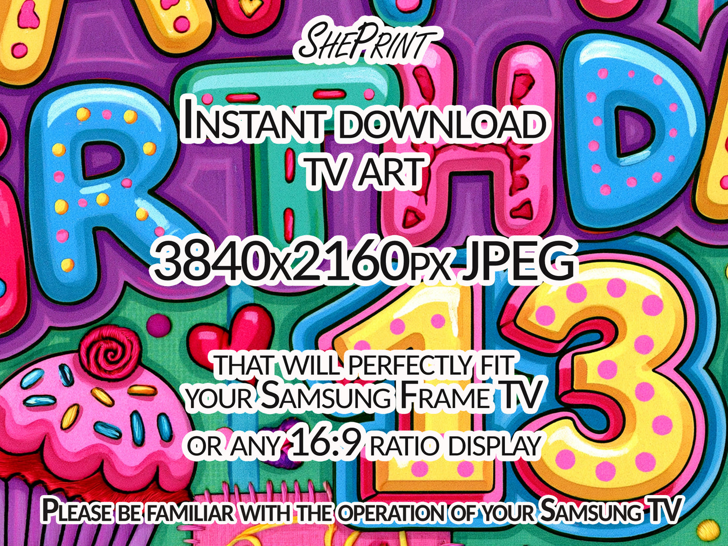 Happy 13th Birthday TV Art | Birthday Party Backdrop for 13 Years Old | Digital Download close up view