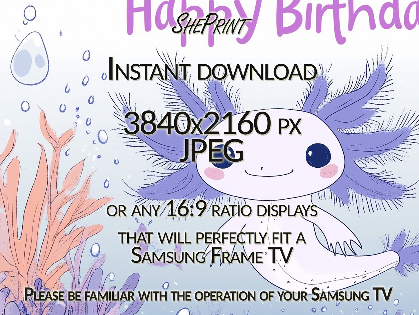 Frame TV Art For Kids | Axolotl Themed Birthday Party Decor | Axolotl Drawing close up view