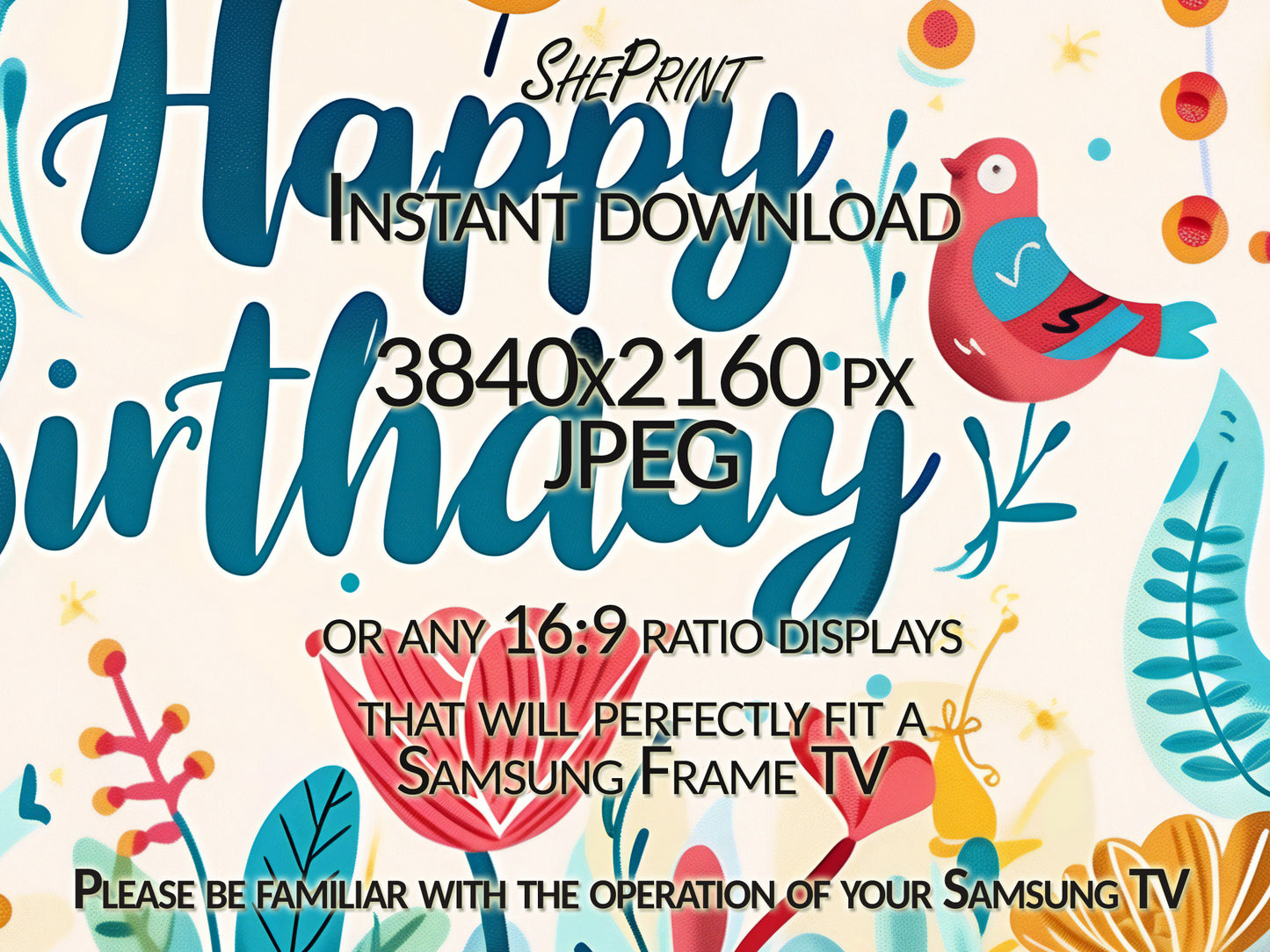 Frame TV Art | Happy Birthday Spring Summer Floral Theme For Girls All Ages close up view