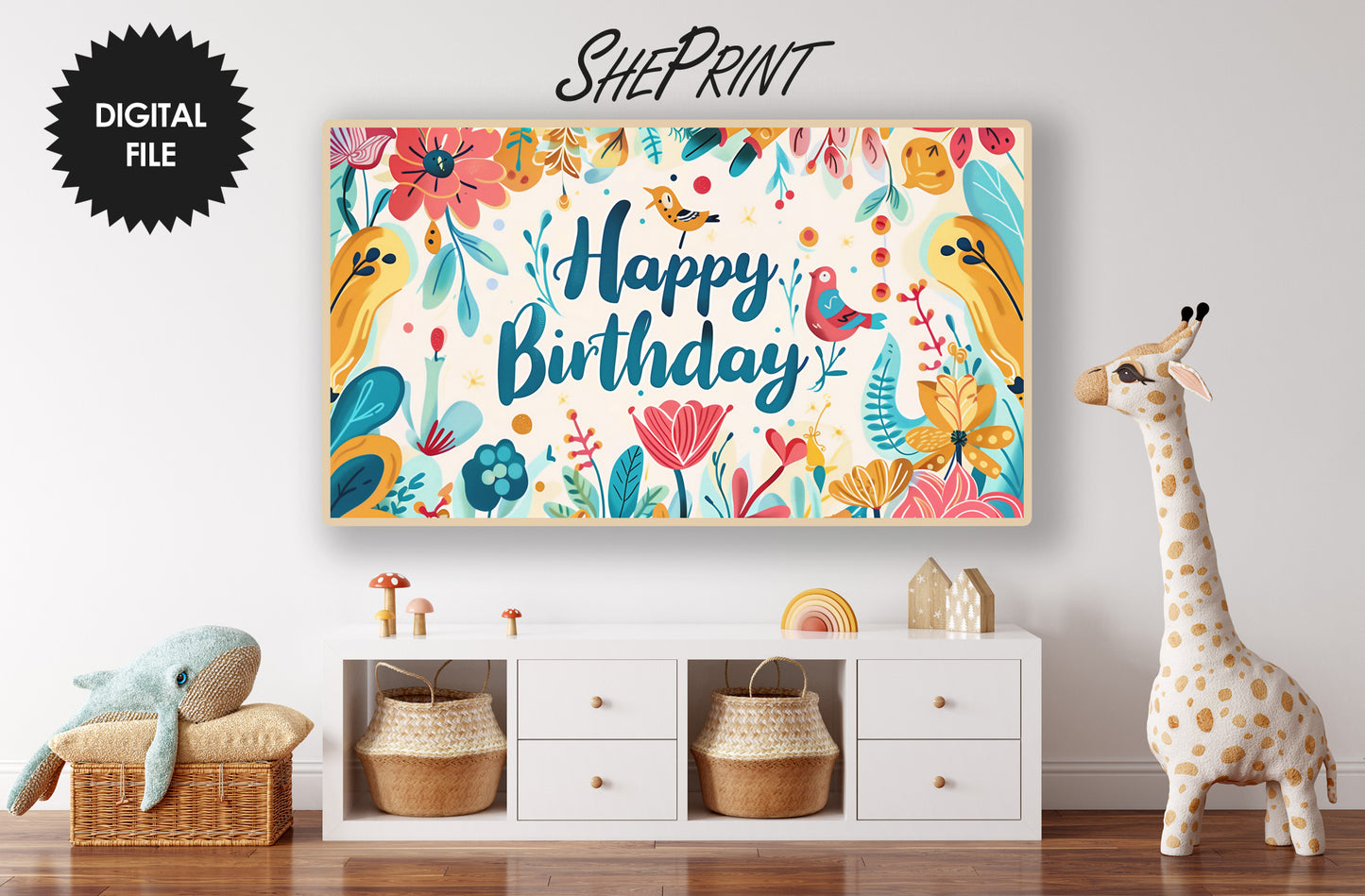 Frame TV Art | Happy Birthday Spring Summer Floral Theme For Girls All Ages preview in kids room