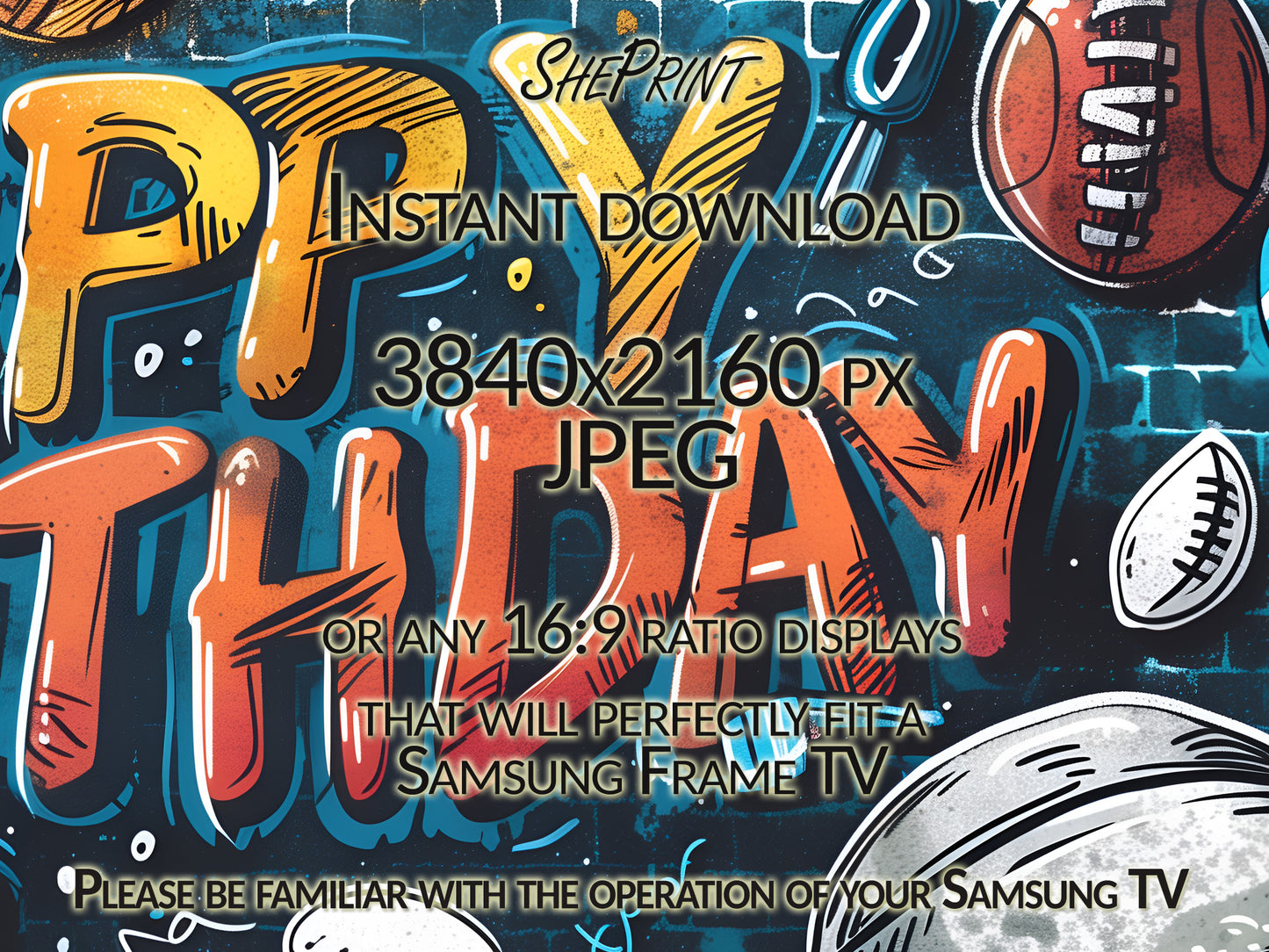 Frame TV Art | Happy Birthday Sports Theme For Boys close up view