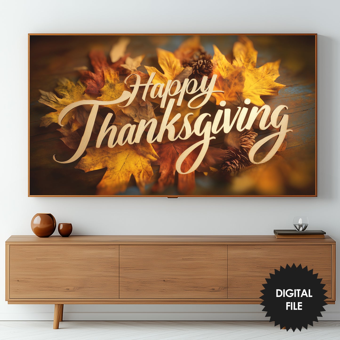 Samsung Frame TV Art Happy Thanksgiving preview in living room