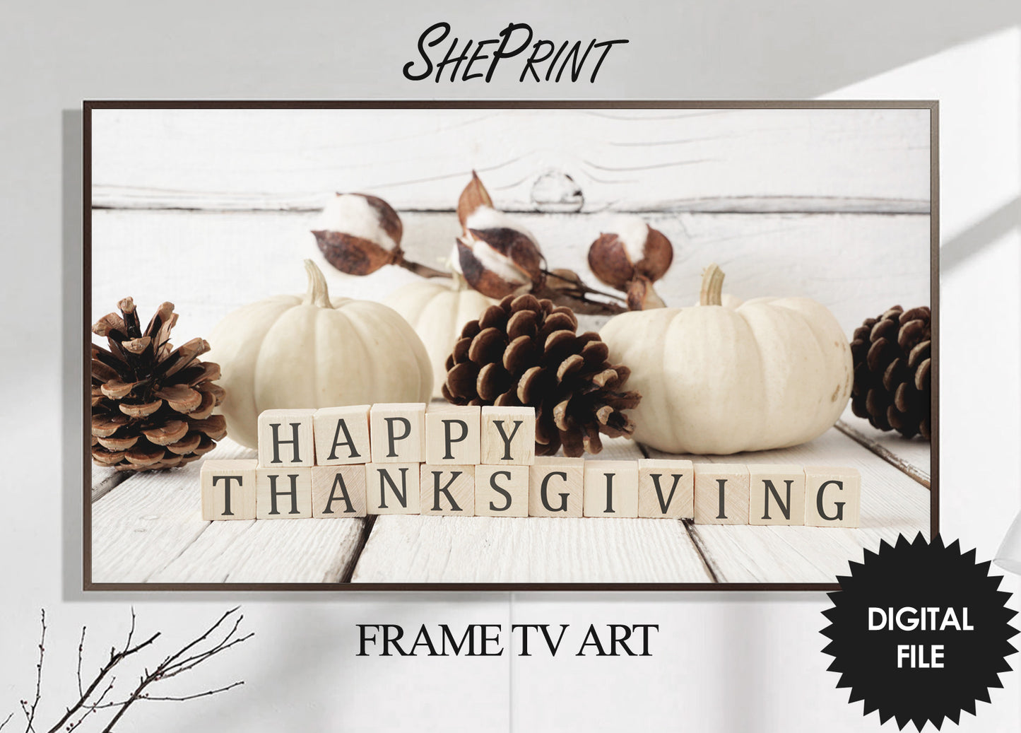 White Pumpkins and Pine Cones Samsung Frame TV Art | Thanksgiving TV Art