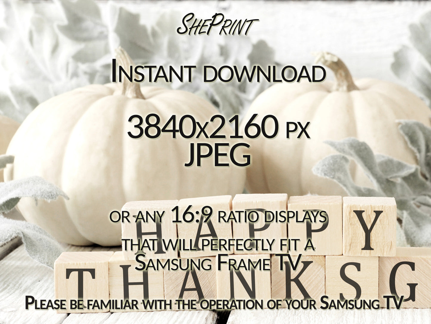 White Pumpkins Samsung Frame TV Art | Thanksgiving Fall Art | Happy Thanksgiving Wooden Blocks Modern Farmhouse Art | Digital TV Art | Instant Download