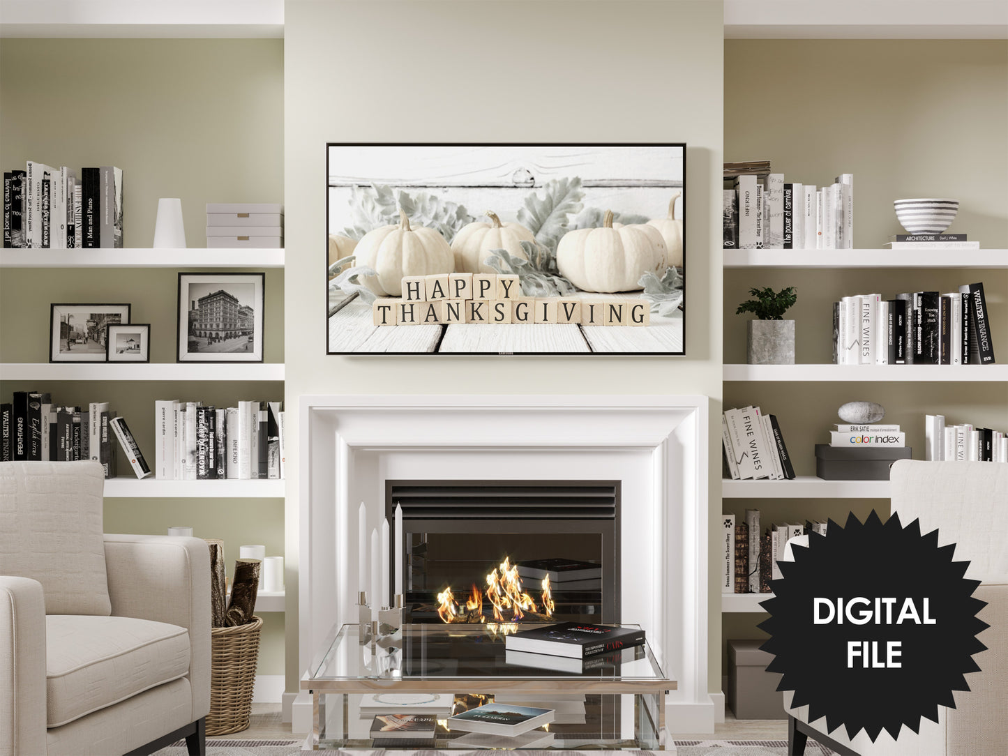 White Pumpkins Samsung Frame TV Art | Thanksgiving Fall Art | Happy Thanksgiving Wooden Blocks Modern Farmhouse Art | Digital TV Art | Instant Download