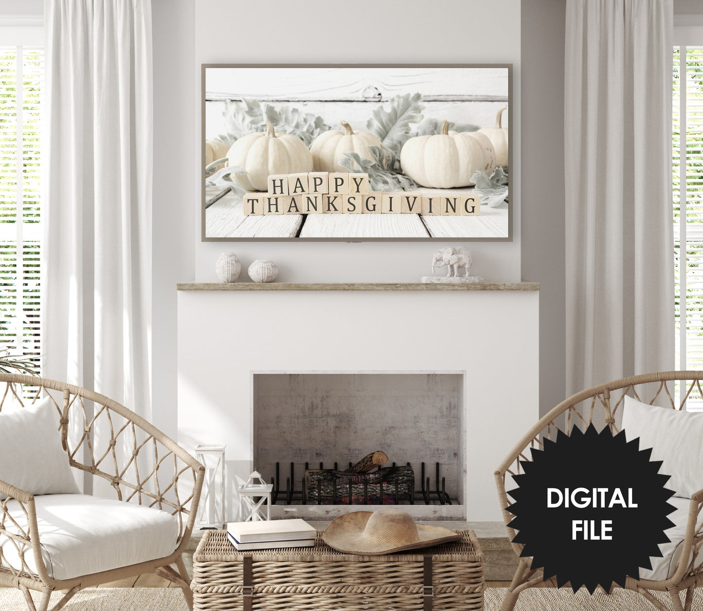 White Pumpkins Samsung Frame TV Art | Thanksgiving Fall Art | Happy Thanksgiving Wooden Blocks Modern Farmhouse Art | Digital TV Art | Instant Download