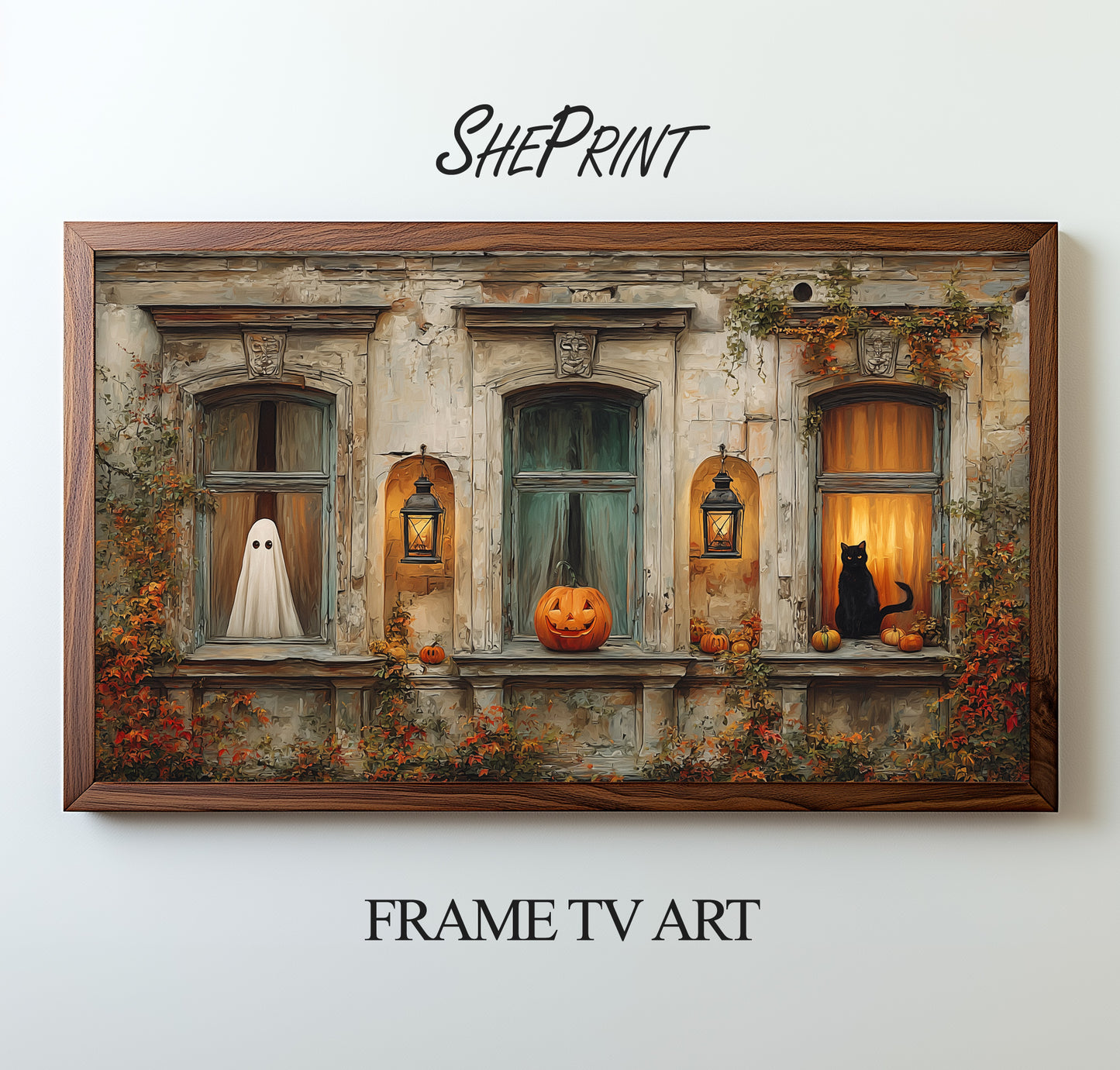 Halloween Frame TV Art, Haunted House, Spooky Windows preview on screen