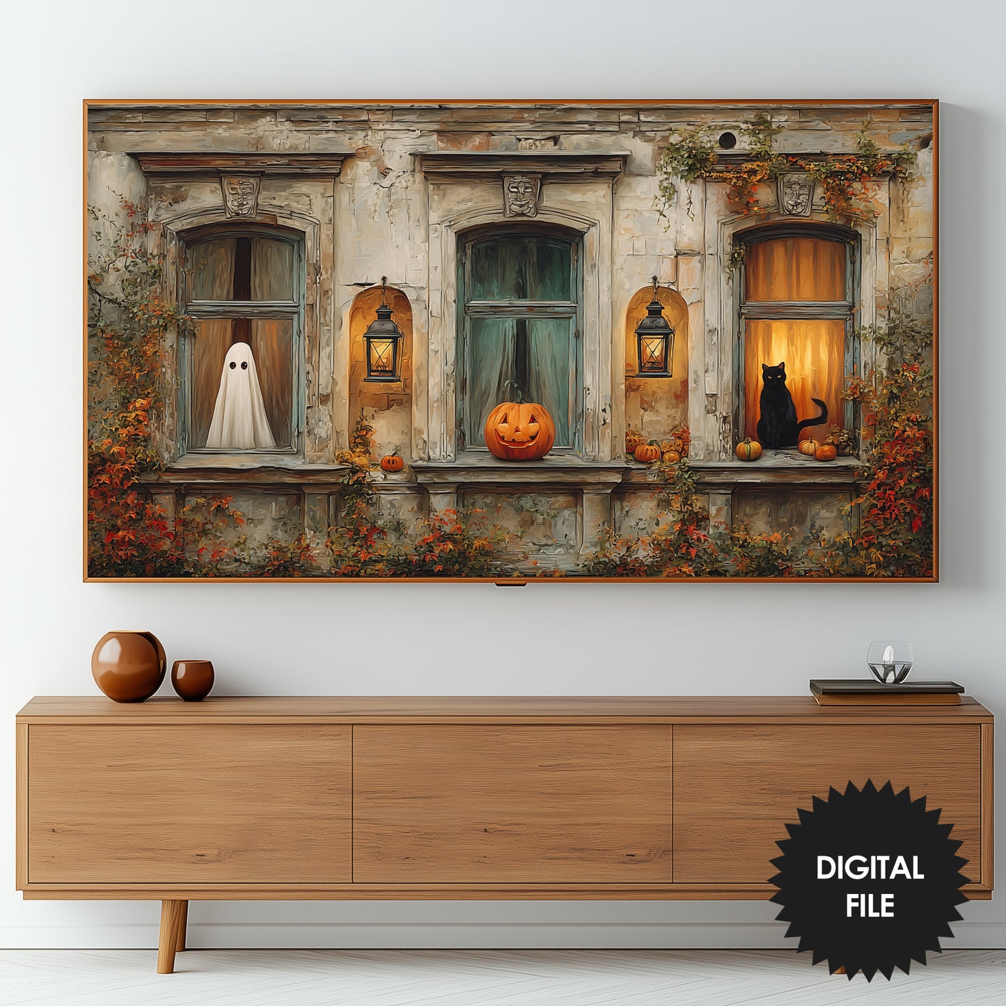 Halloween Frame TV Art, Haunted House, Spooky Windows