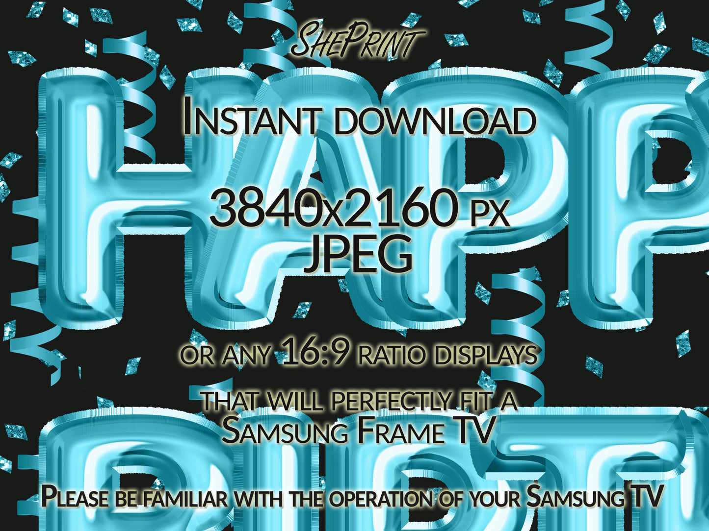 Birthday Frame TV Art, Happy Birthday Blue Foil Balloons close up look