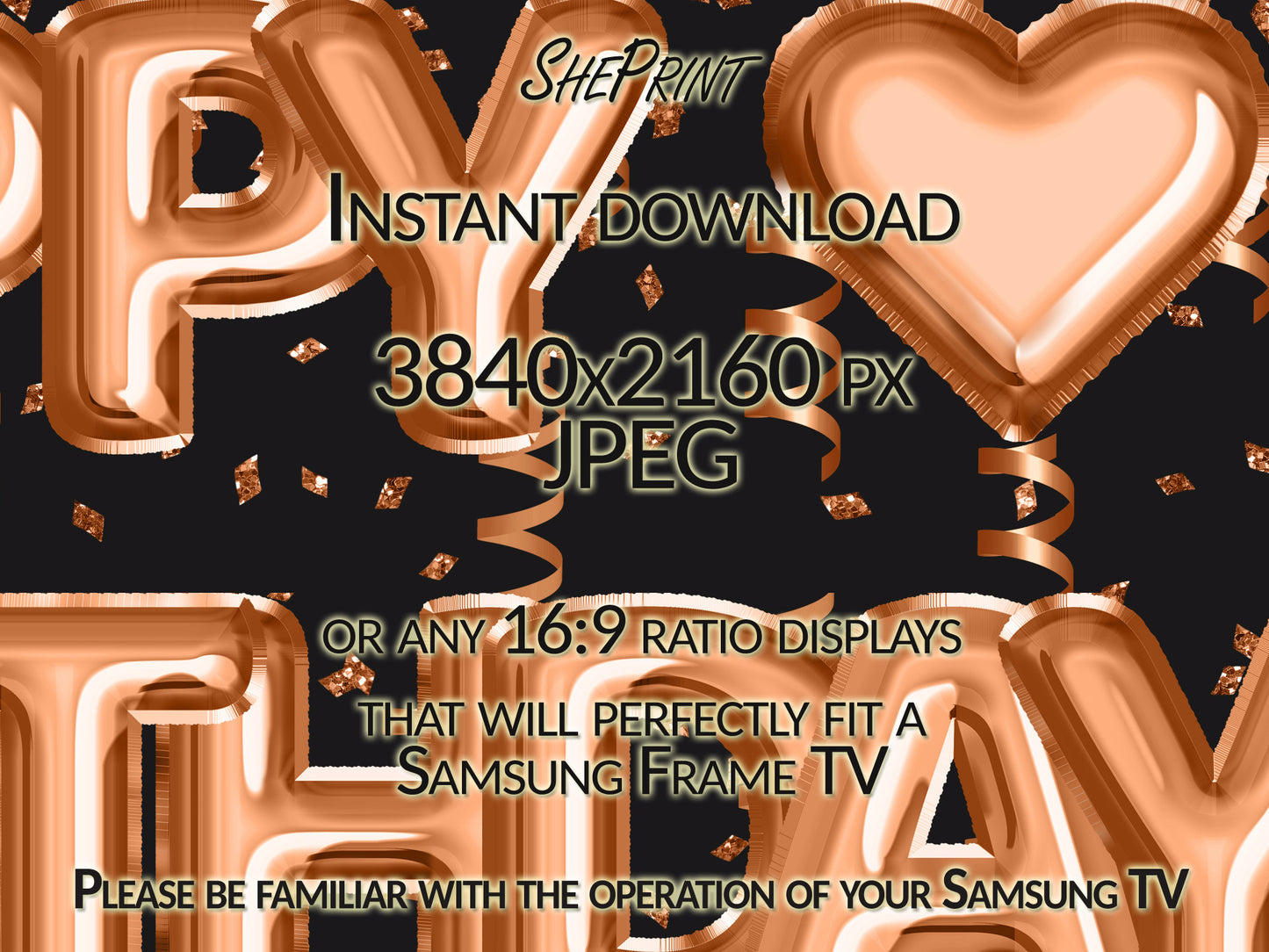 Birthday Frame TV Art, Happy Birthday Bronze Foil Balloons close up look
