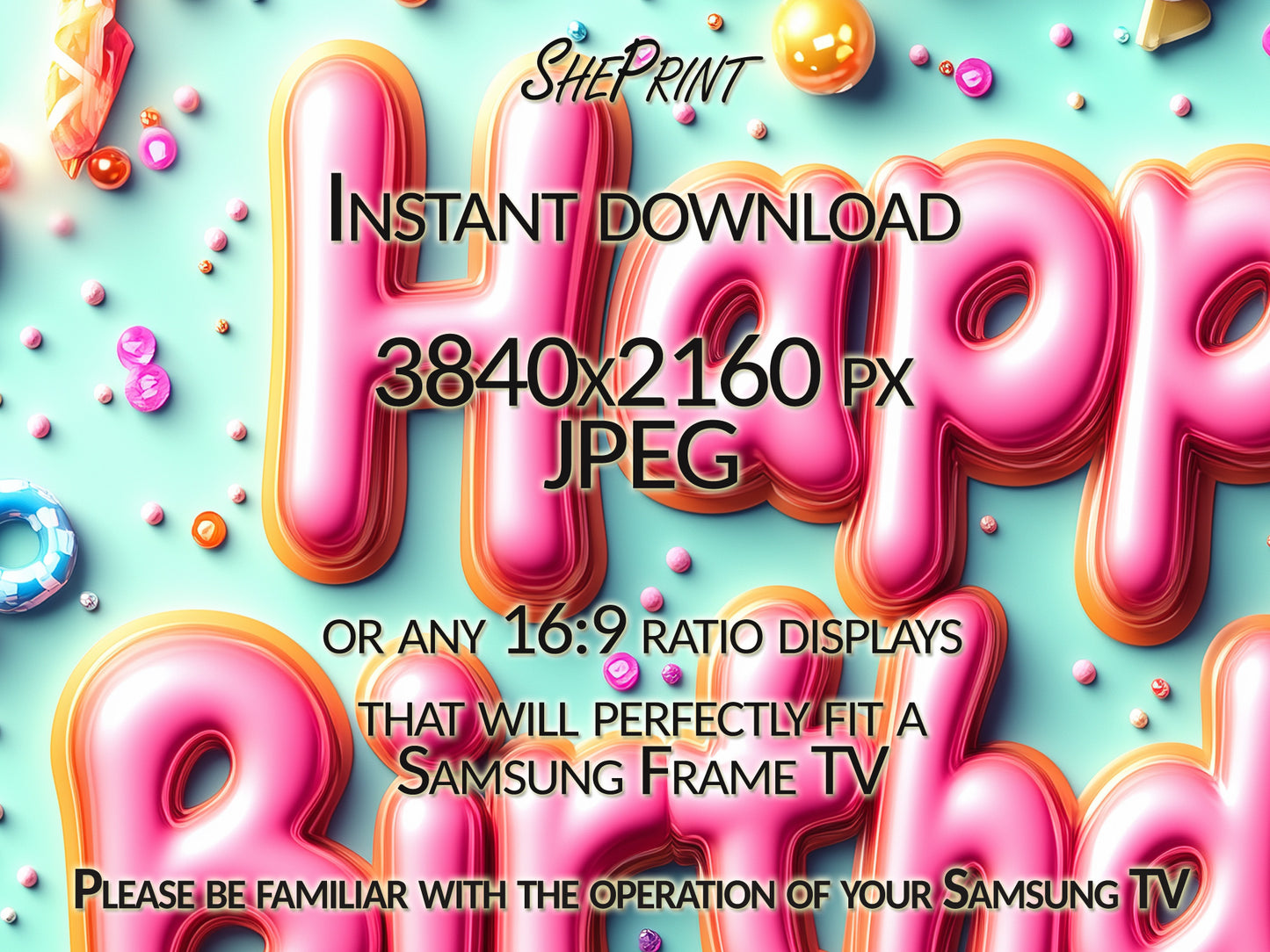 Happy Birthday Frame TV Art, Happy Birthday Pink Letter Cookies close up view