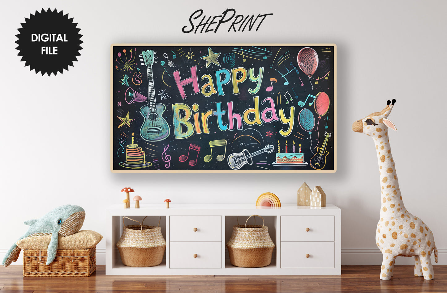 Samsung Frame TV Art For Kids | Music Themed | Happy Birthday Written on School Board preview in kids room