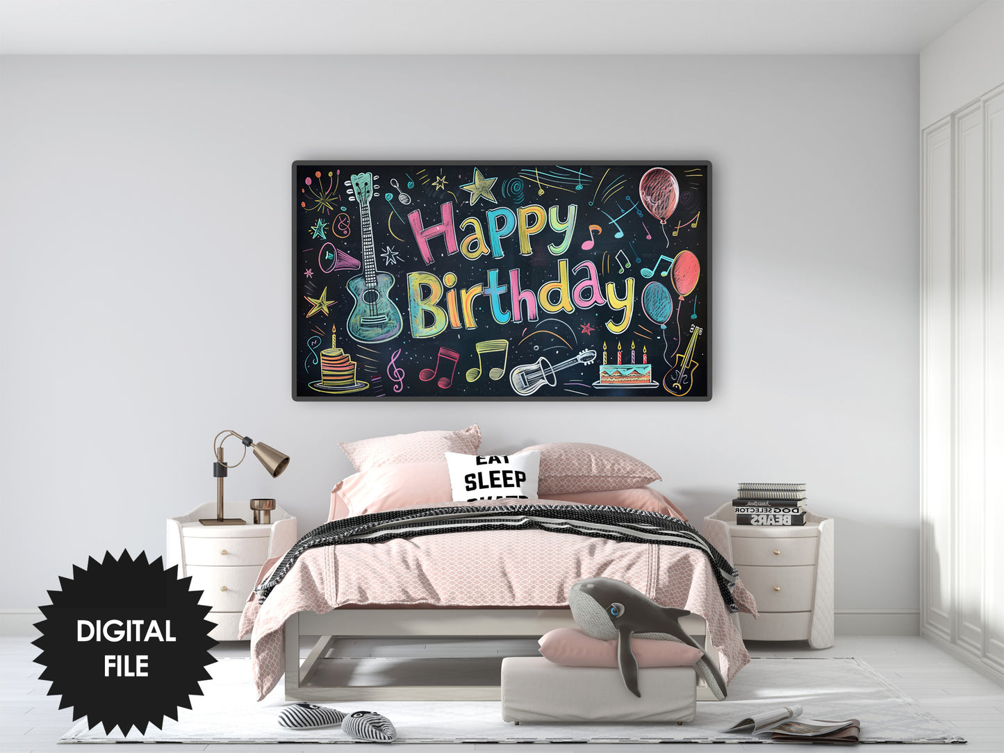 Samsung Frame TV Art For Kids | Music Themed | Happy Birthday Written on School Board preview in teen room