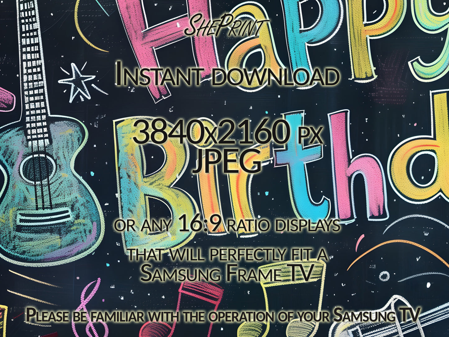 Samsung Frame TV Art For Kids | Music Themed | Happy Birthday Written on School Board close up view