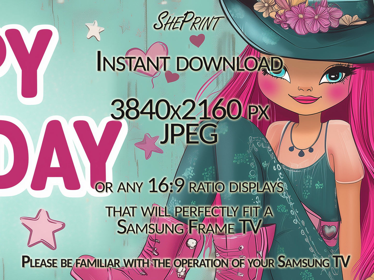 Cute Girly Happy Birthday Frame TV Art | Cowgirl Themed Party close up view