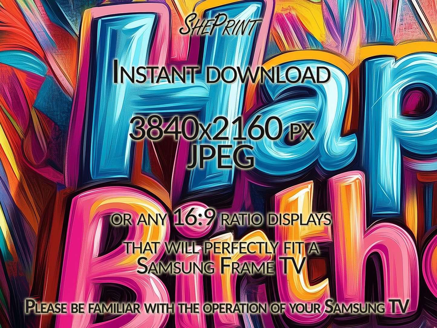 Samsung Frame TV Art Happy Birthday Colorful Graffiti Style close up view