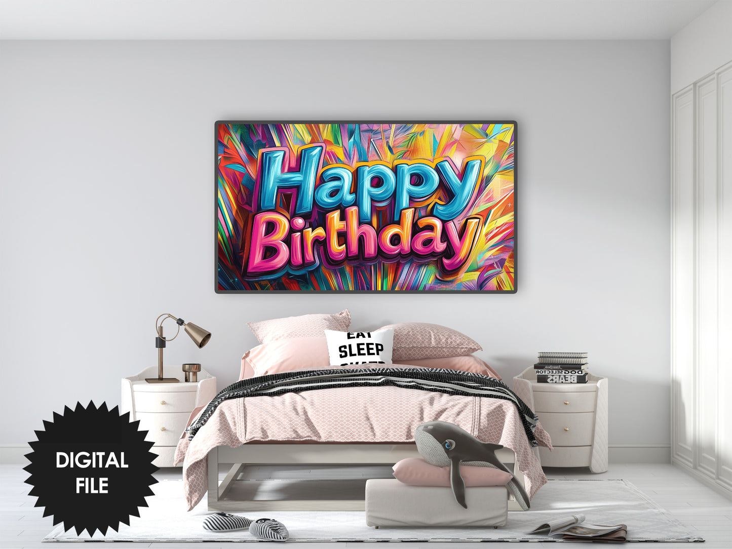 Samsung Frame TV Art Happy Birthday Colorful Graffiti Style in teen room preview