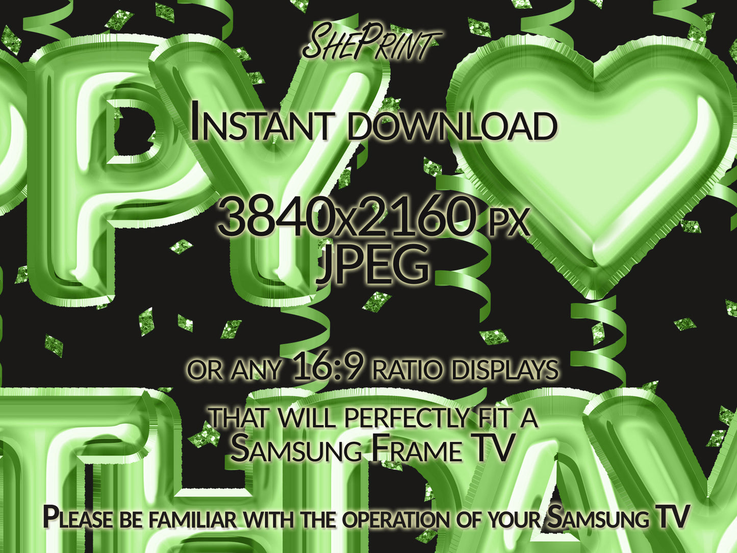 Birthday Frame TV Art, Happy Birthday Green Foil Balloons close up look