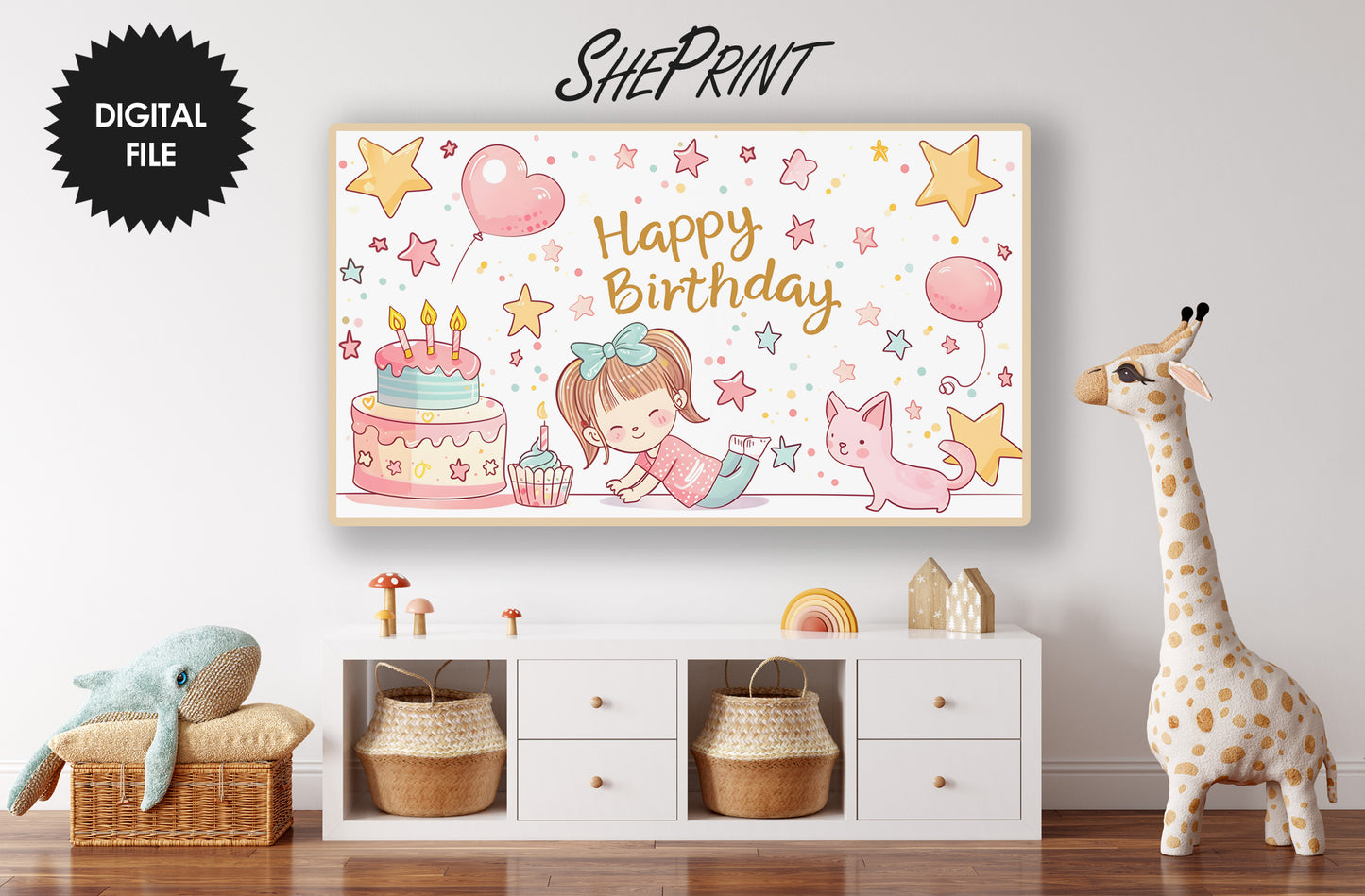 Happy Birthday Cute Pastel Art For Girls preview in kids room