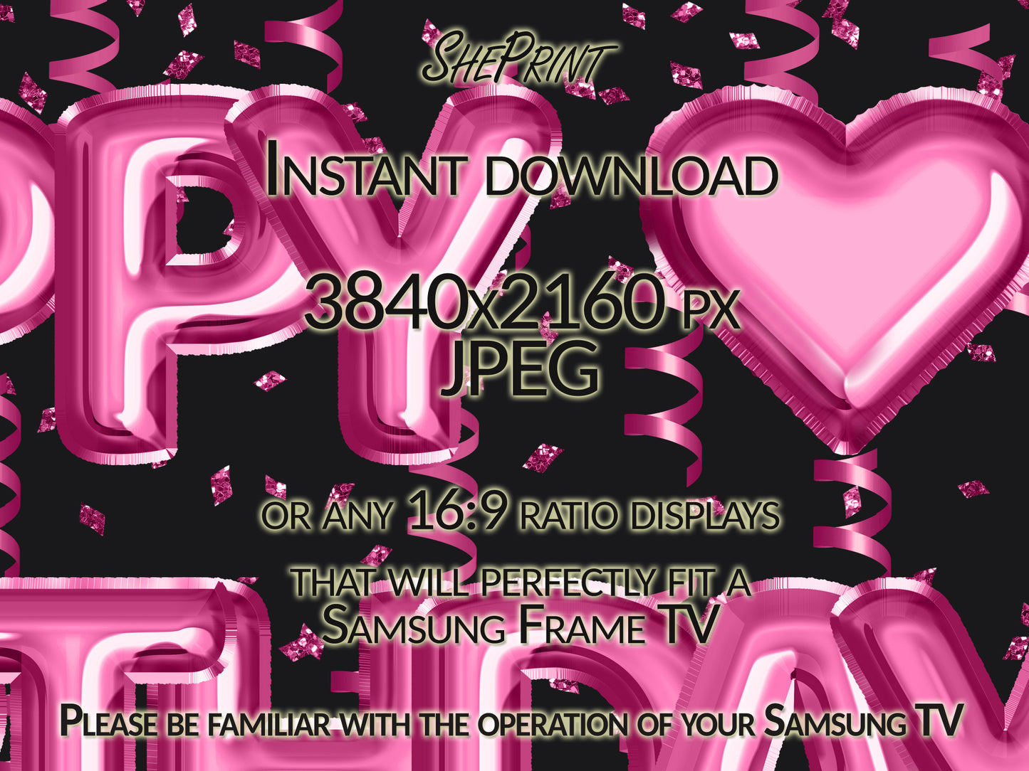 Birthday Frame TV Art, Happy Birthday Pink Foil Balloons close up look