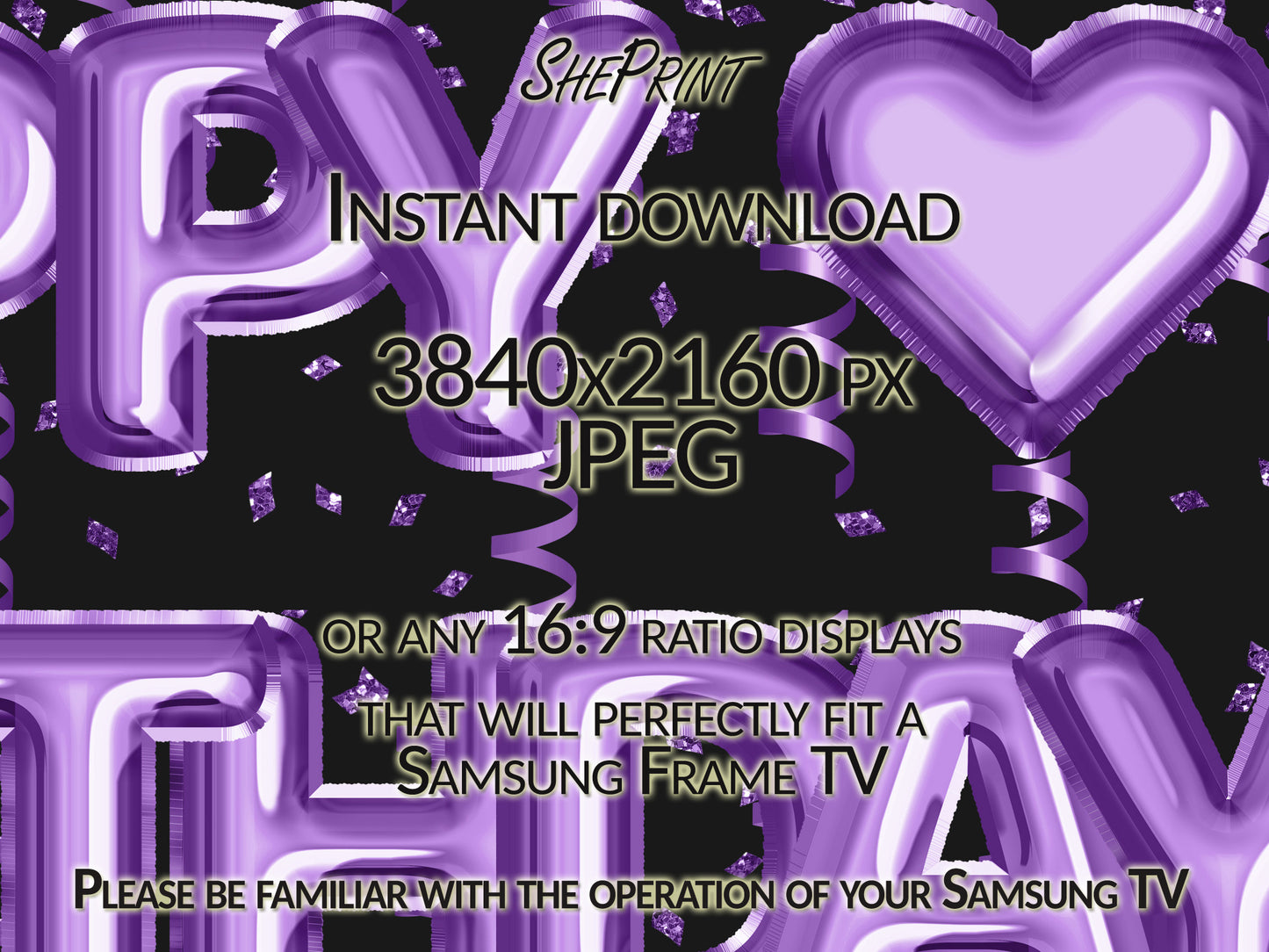 Birthday Frame TV Art, Happy Birthday Purple Foil Balloons close up view
