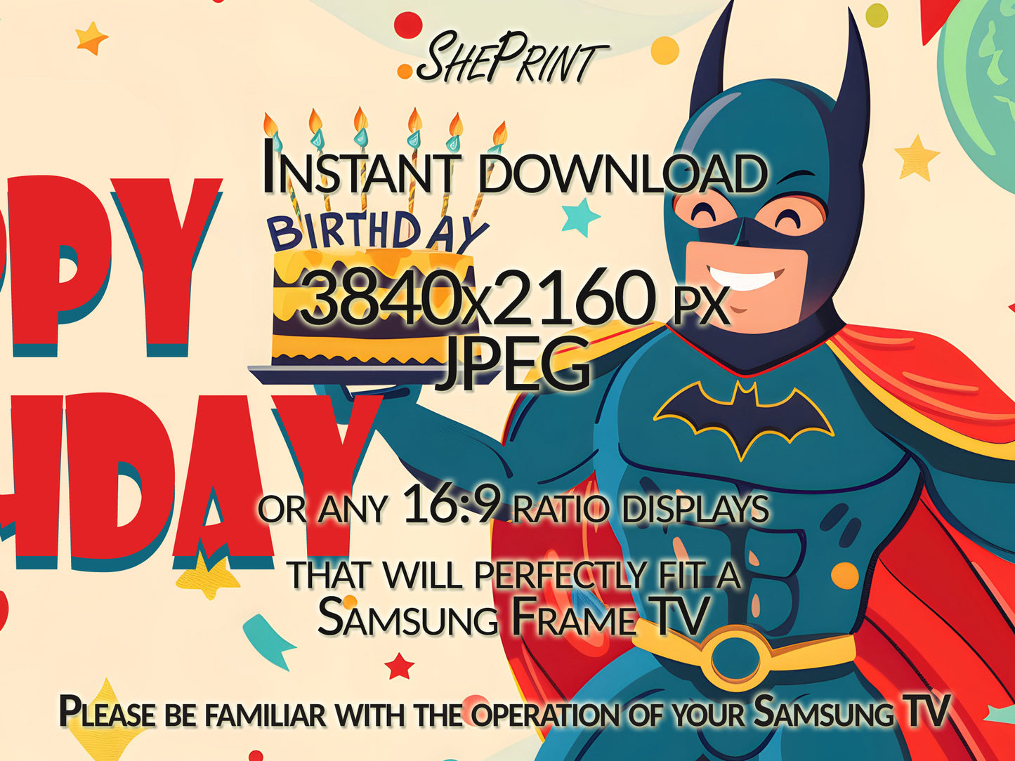 Frame TV Art For Kids | Happy Birthday Superhero Themed Party close up view