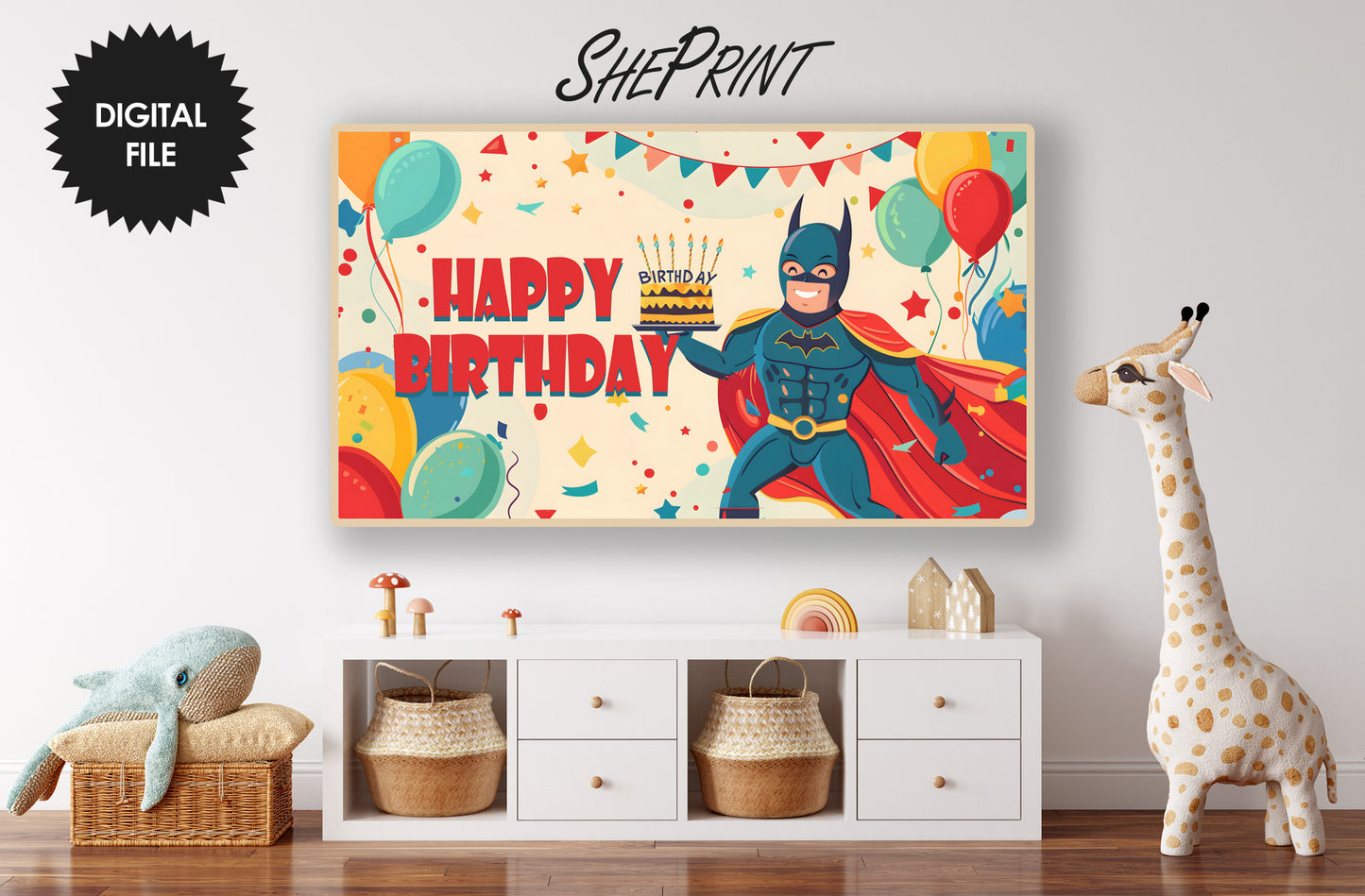 Frame TV Art For Kids | Happy Birthday Superhero Themed Party preview in kids room