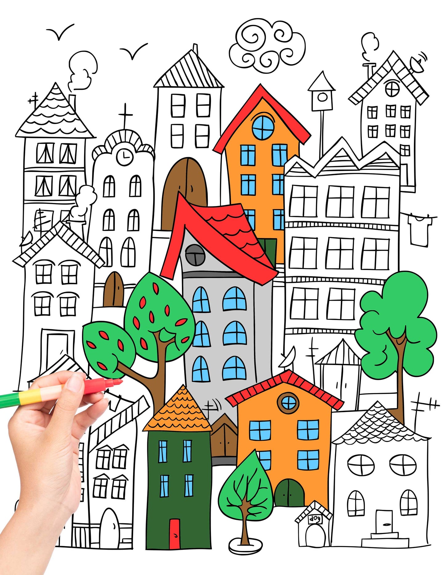 Kids Wall Print Houses, Kids Room Wall Art, Black & White Outline, 17x22 In Coloring Poster, Instant Download Image, Kids Room Poster