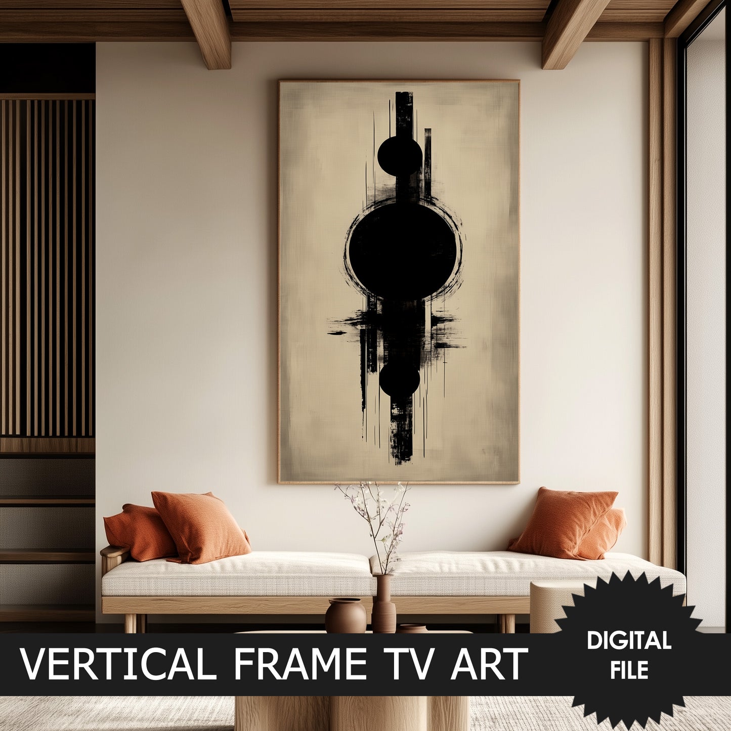 Japanese Style Vertical Frame TV Art, Japandi Abstract Art review in japandi styled room